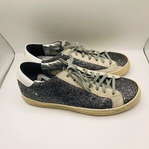 P448 Women's Glitter Low-Top Sneakers in Black, Silver, and White